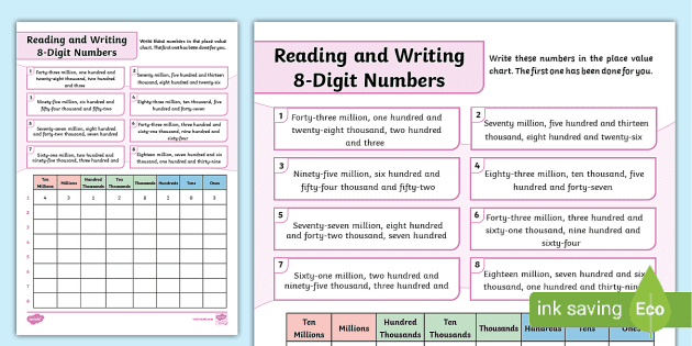 place value worksheet to one million