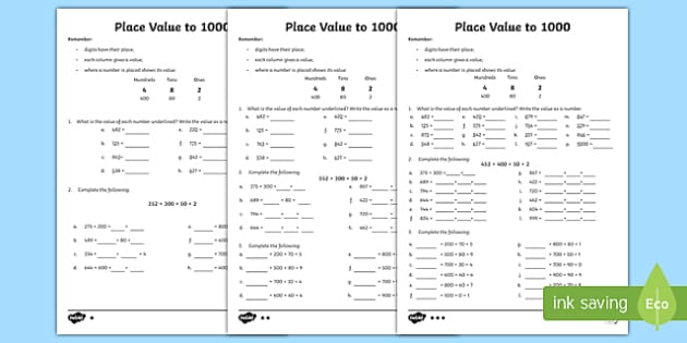 place value worksheet to one thousand