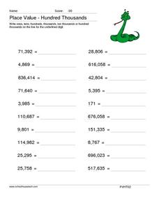 Place Value - Hundred Thousands Worksheet for 3rd - 5th Grade ...