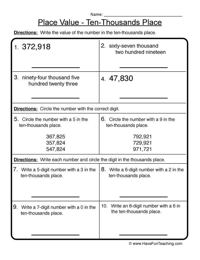 place value worksheet to ten