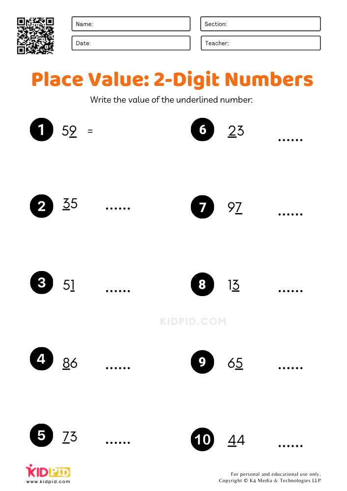 Find Value of Underlined Number (2-Digit)- Worksheets for Grade 1 ...