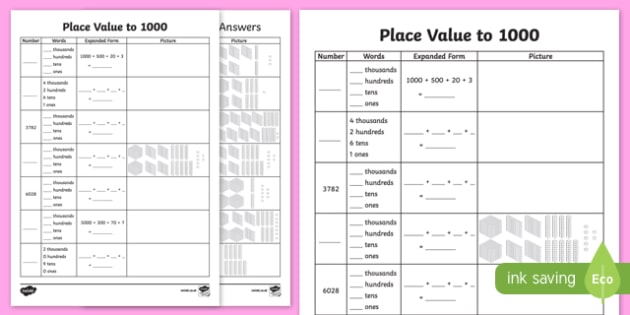 place value worksheet up to 1000