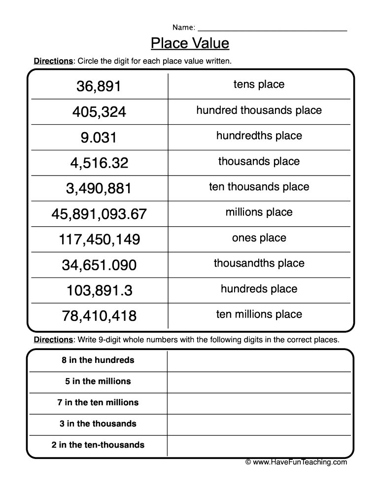 Place Value Review Worksheet  