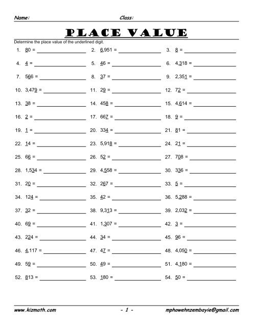 Place value worksheet - Math for Children