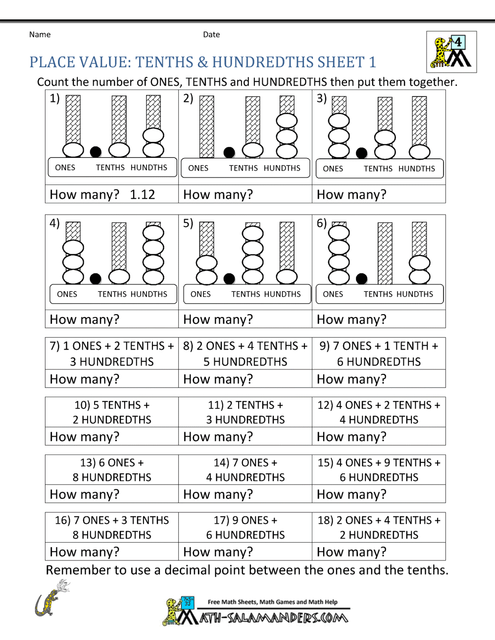 place value worksheet with decimals