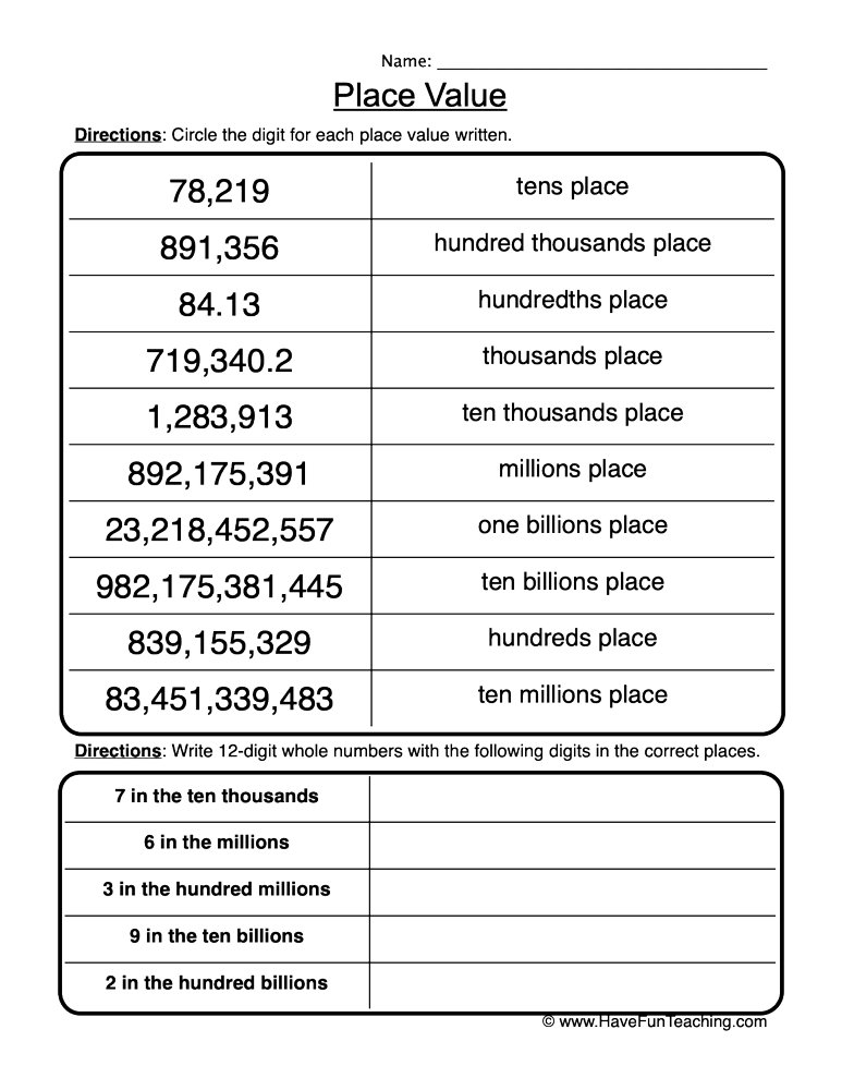 Place Value Practice Worksheet  
