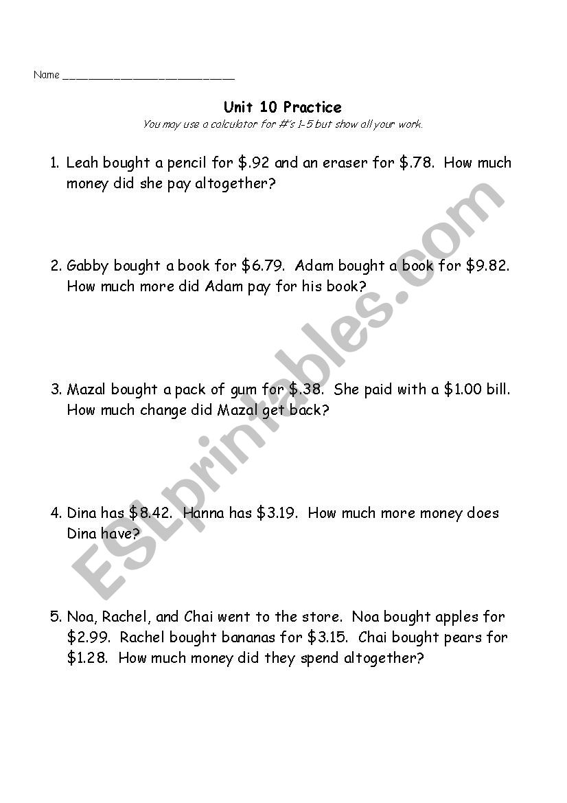 Money Word Problems and Place Value - ESL worksheet by daniellekain