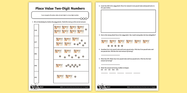 Place Value Two-Digit Numbers Money Worksheet / Worksheet