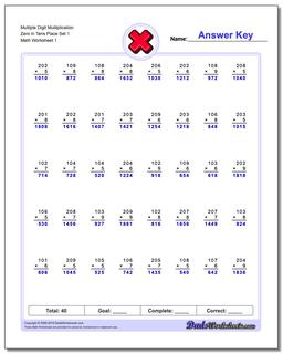 Multiplication Worksheets: Zeroes in Tens Place