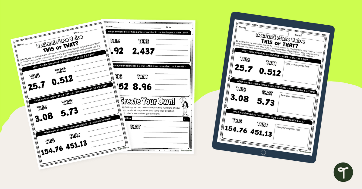 Decimal Place Value - Digital and Printable Worksheet | Teach Starter