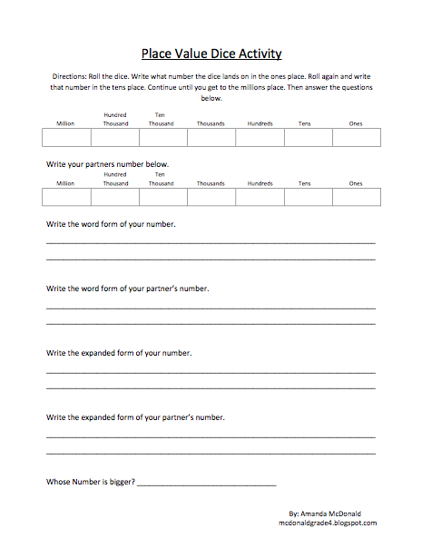 Mrs. McDonalds 4th Grade: Place Value Roll the Dice Worksheet