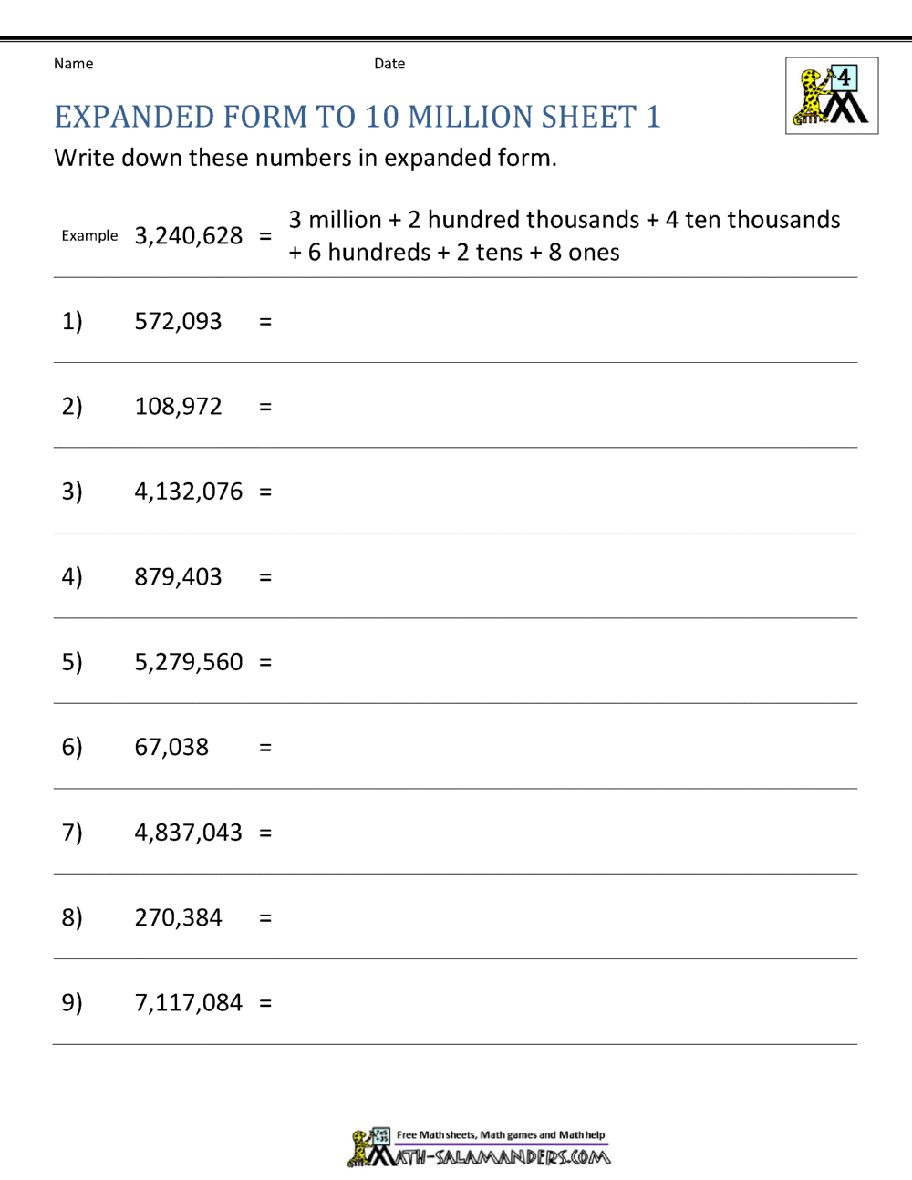 Place Value Worksheet - up to 10 million