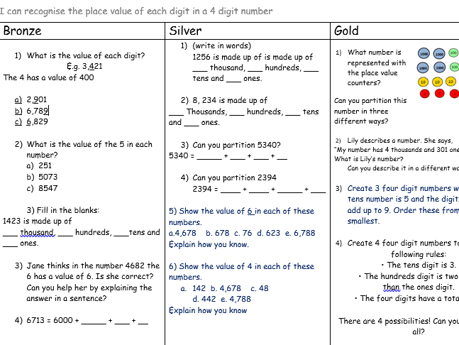 Year 4 Place Value Recognising the value of each digit | Teaching ...