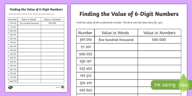 Place Value Finding the Value of 6-Digit Numbers Worksheet /