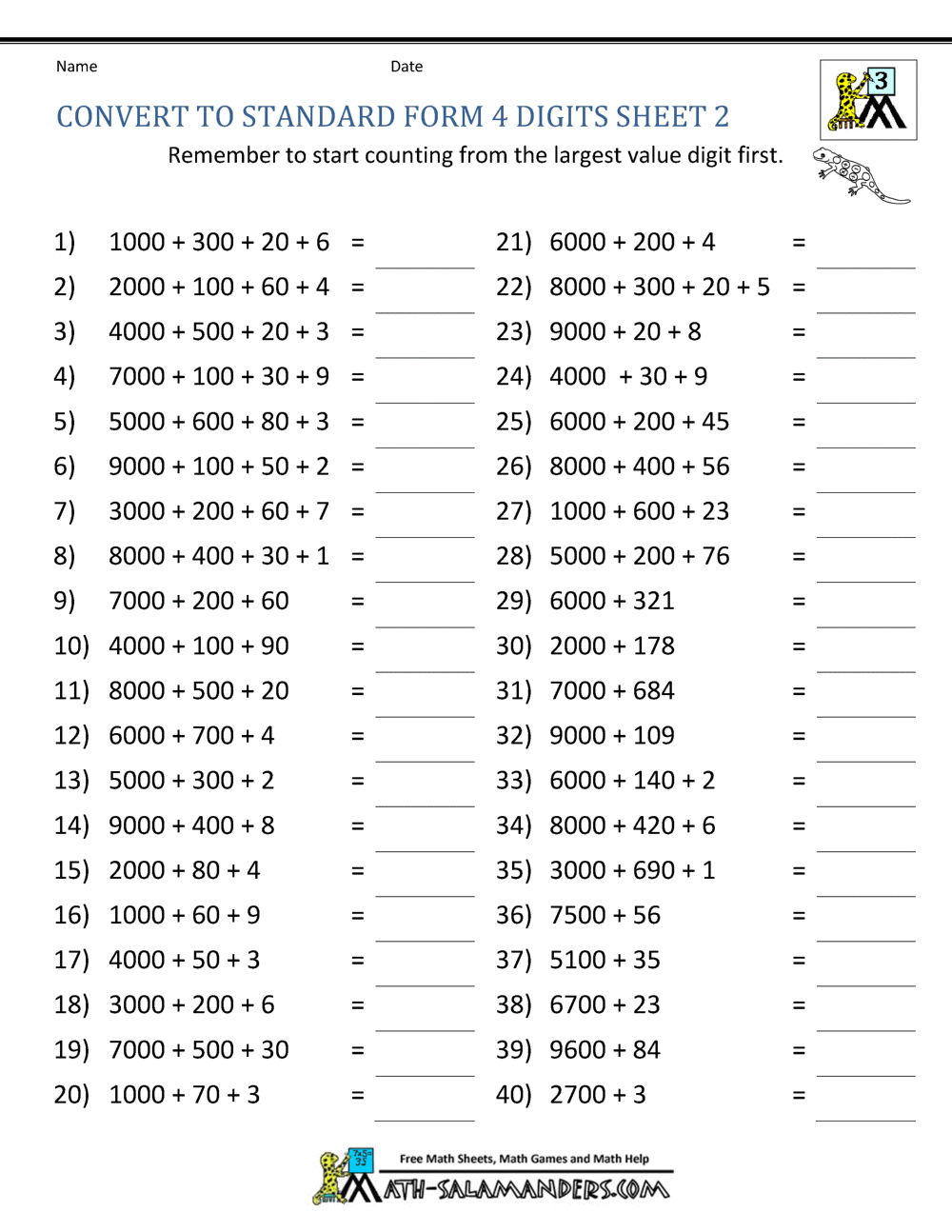 Place Value 4 Digit Numbers