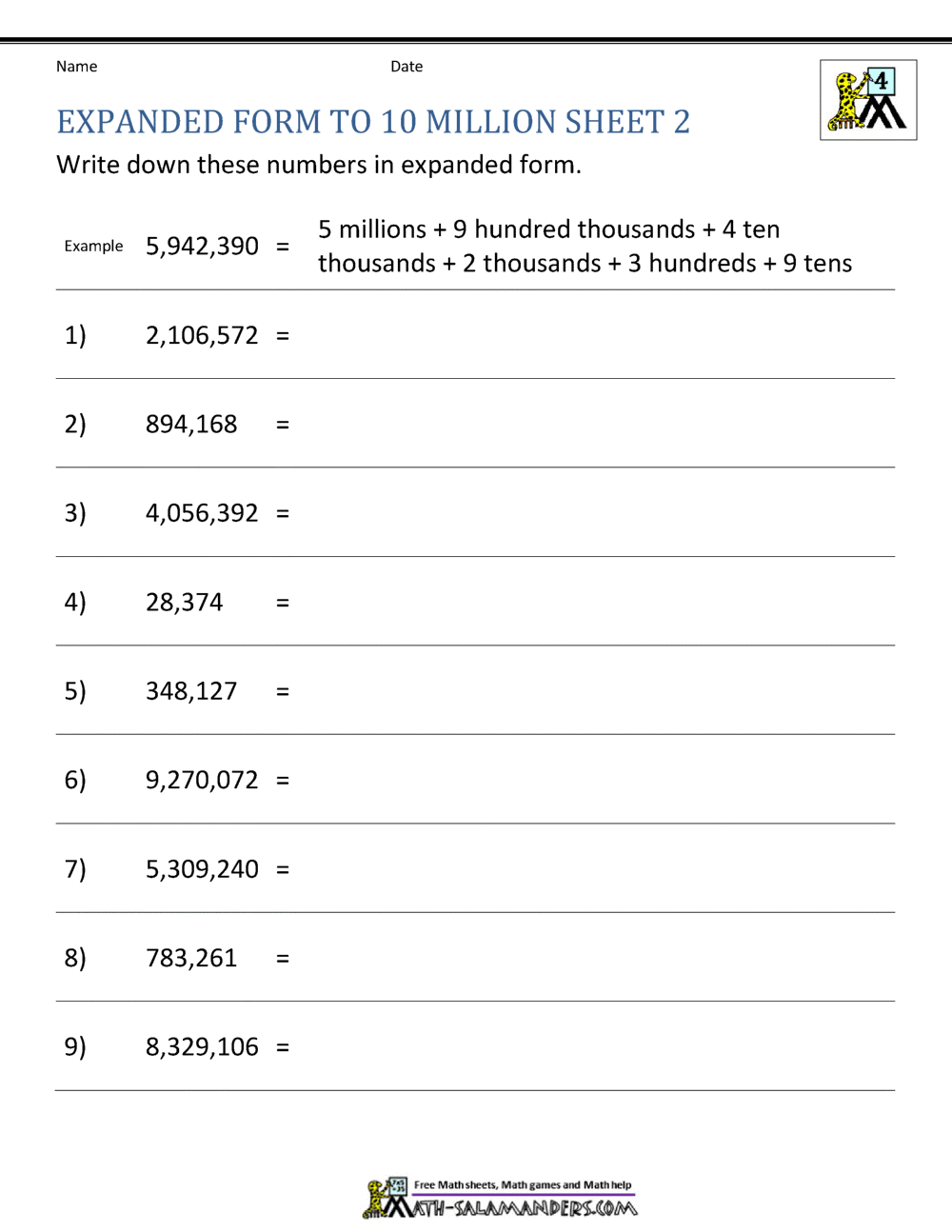 Place Value Worksheet - up to 10 million