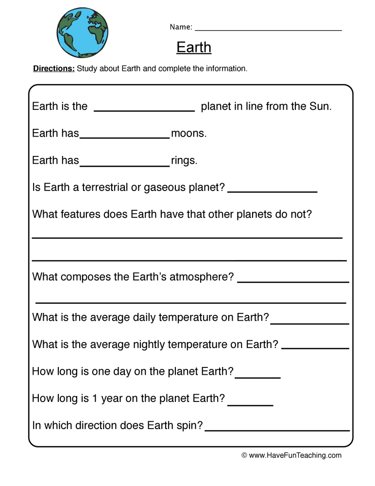 Earth Planet Worksheet  