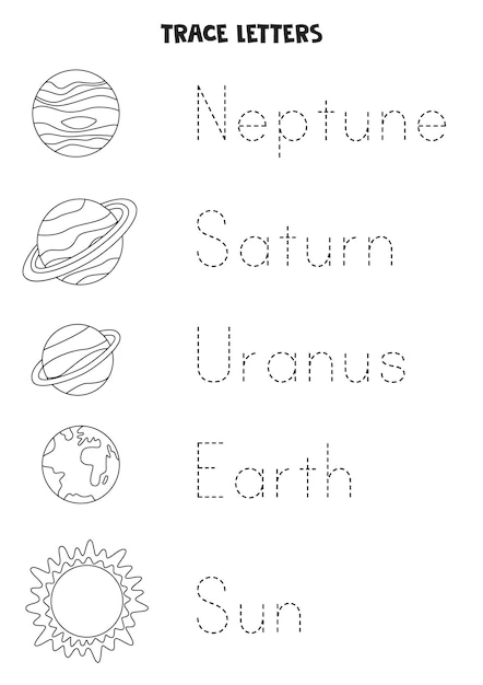 Premium Vector | Tracing words of Solar system planets Black and ...