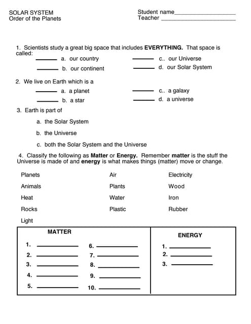 Order of the planets (worksheet) | PDF