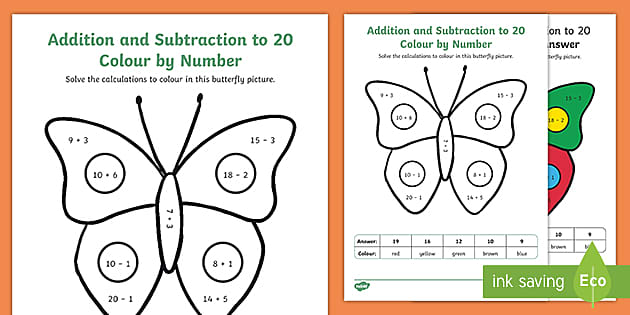 Butterfly Addition and Subtraction to 20 Colour by Calculation ...