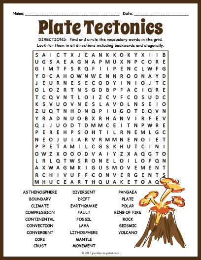 PLATE TECTONICS Word Search Puzzle Worksheet Activity