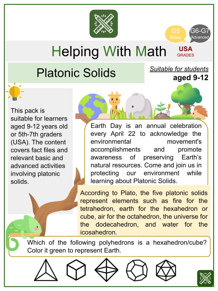 Platonic Solids Earth Day Themed Math Worksheets | Aged 9-12