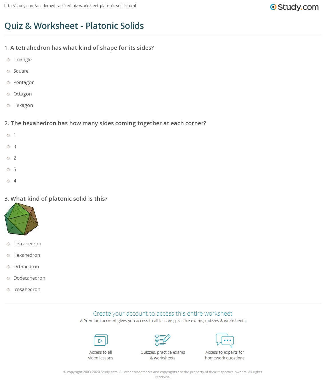 Quiz &  Worksheet - Platonic Solids | Study.com