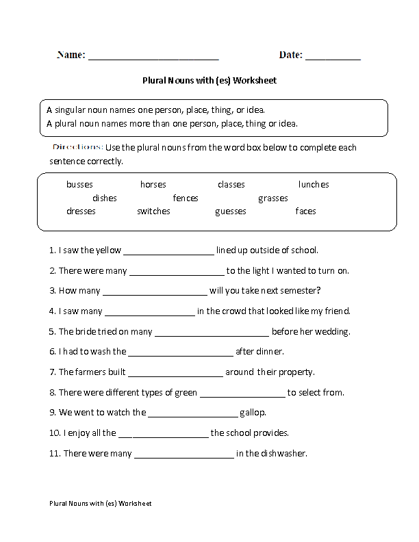 Singular and Plural Nouns Worksheets | Plural Nouns with es Worksheet