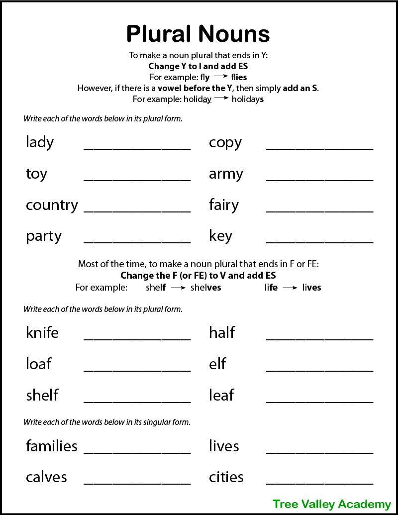 plural noun worksheet for 7th grade