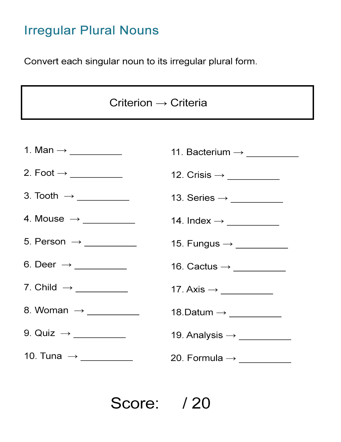 plural noun worksheet for 7th grade