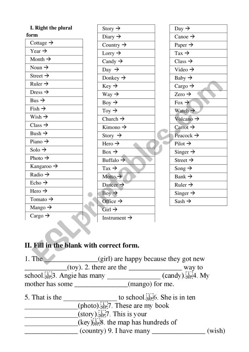 plural noun worksheet for 7th grade