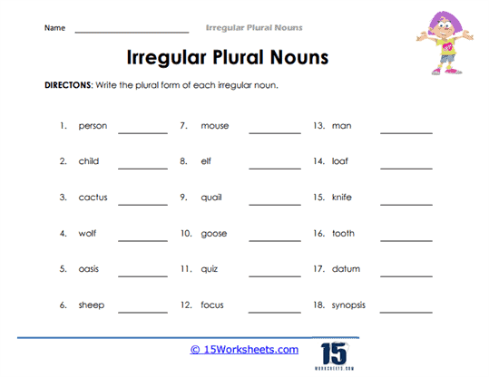 plural noun worksheet for 7th grade