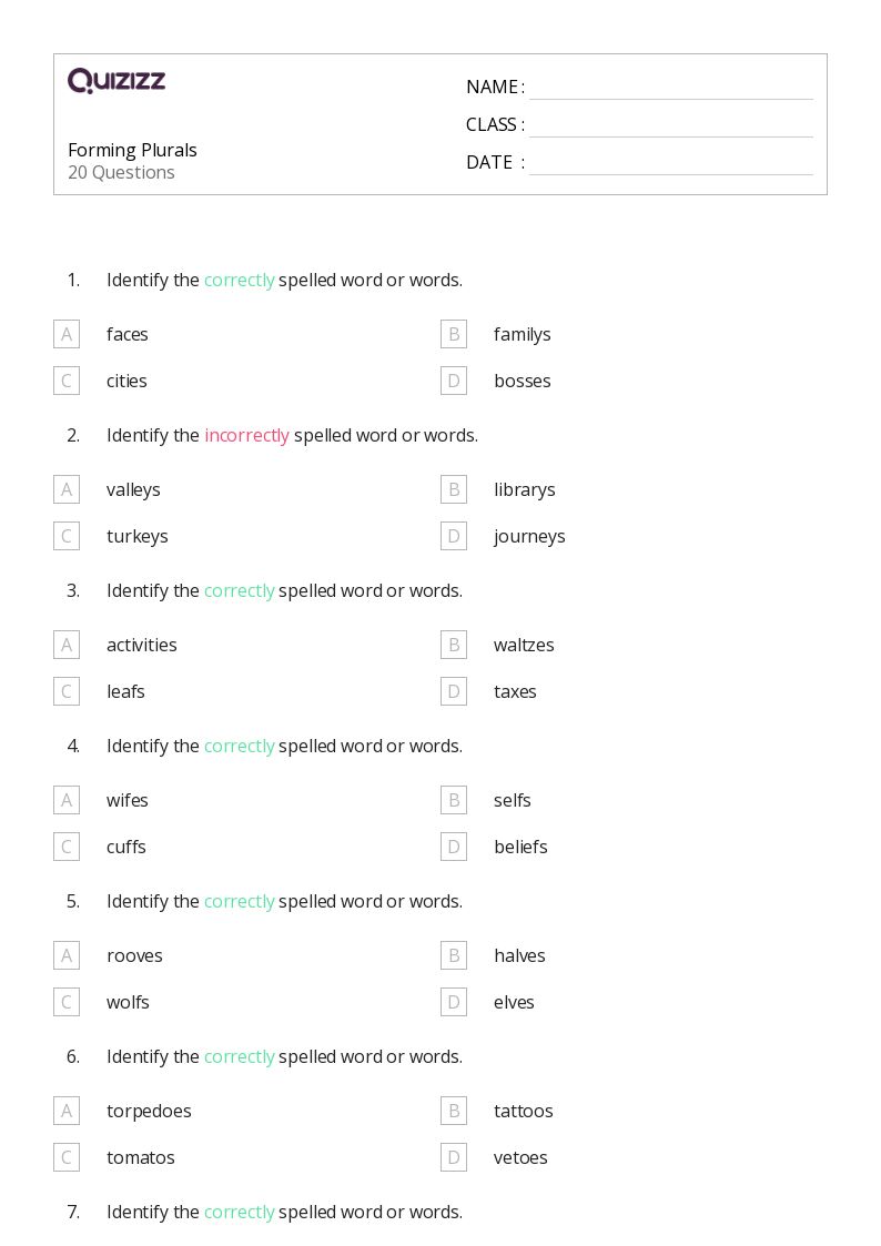 plural noun worksheet for 7th grade
