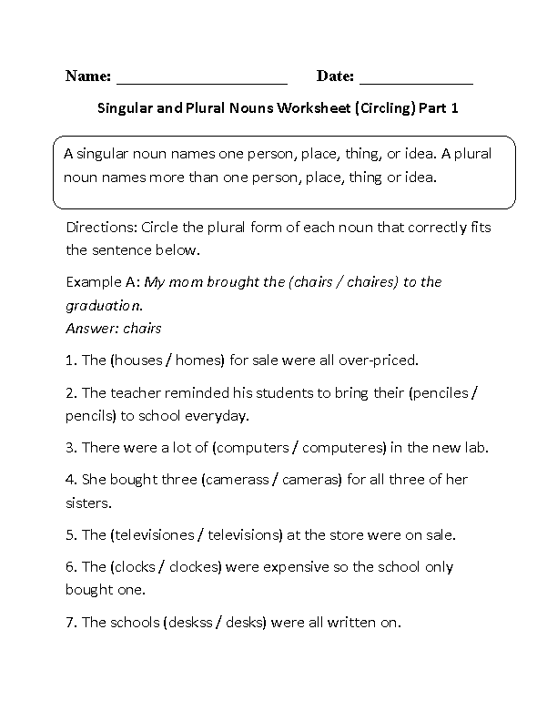 Nouns Worksheets | Singular and Plural Nouns Worksheets