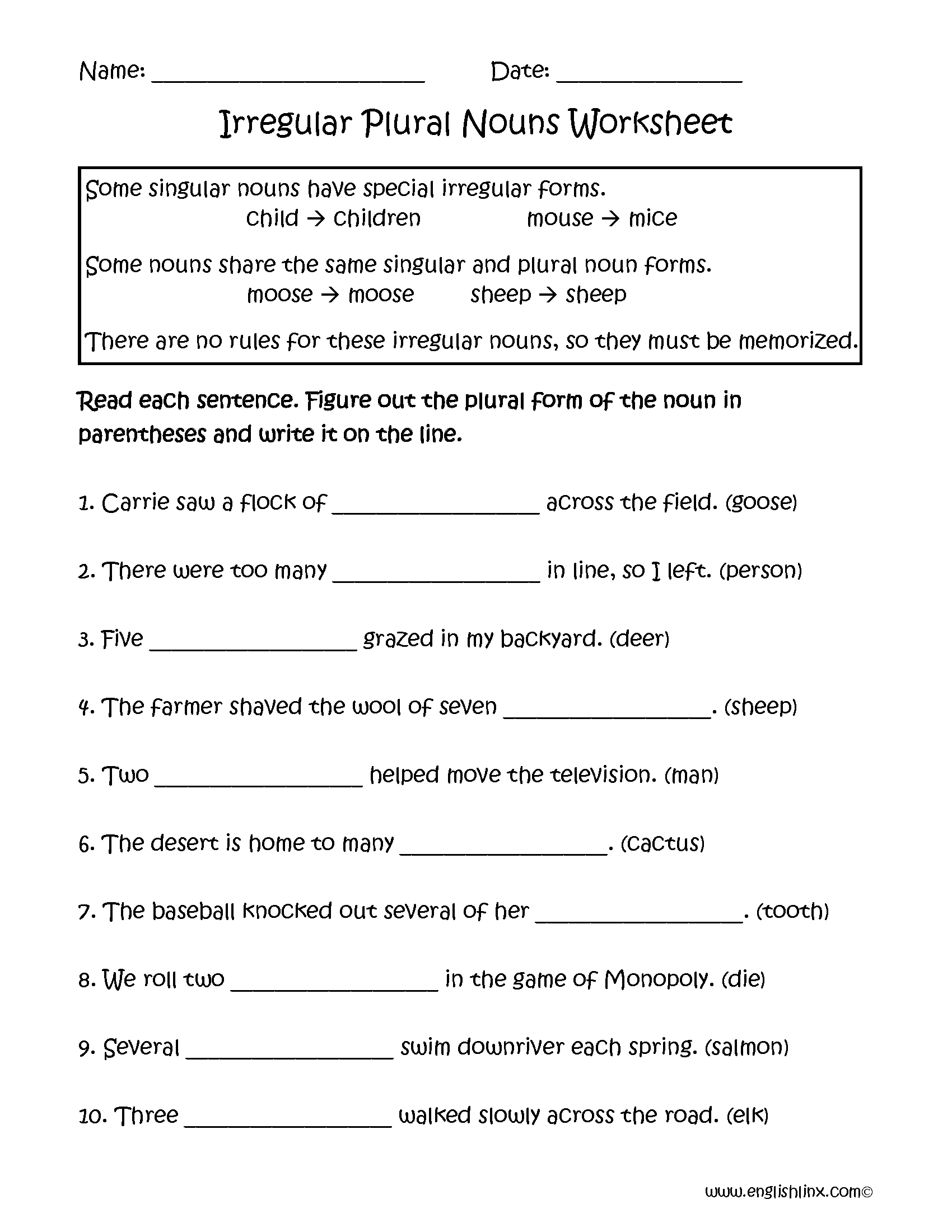 Irregular Nouns Worksheets | Irregular Plural Nouns Worksheets
