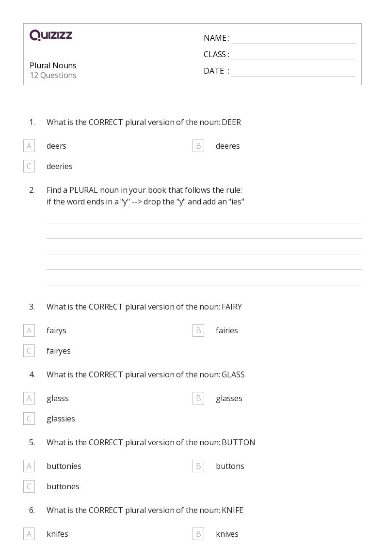 plural nouns worksheet grade 6