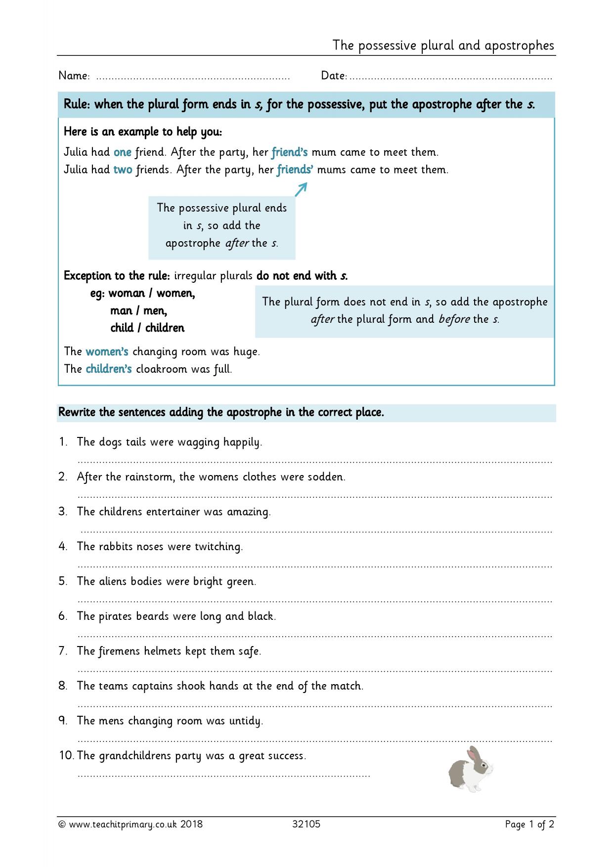 Plural possessive apostrophes worksheet | KS2 English | Teachit