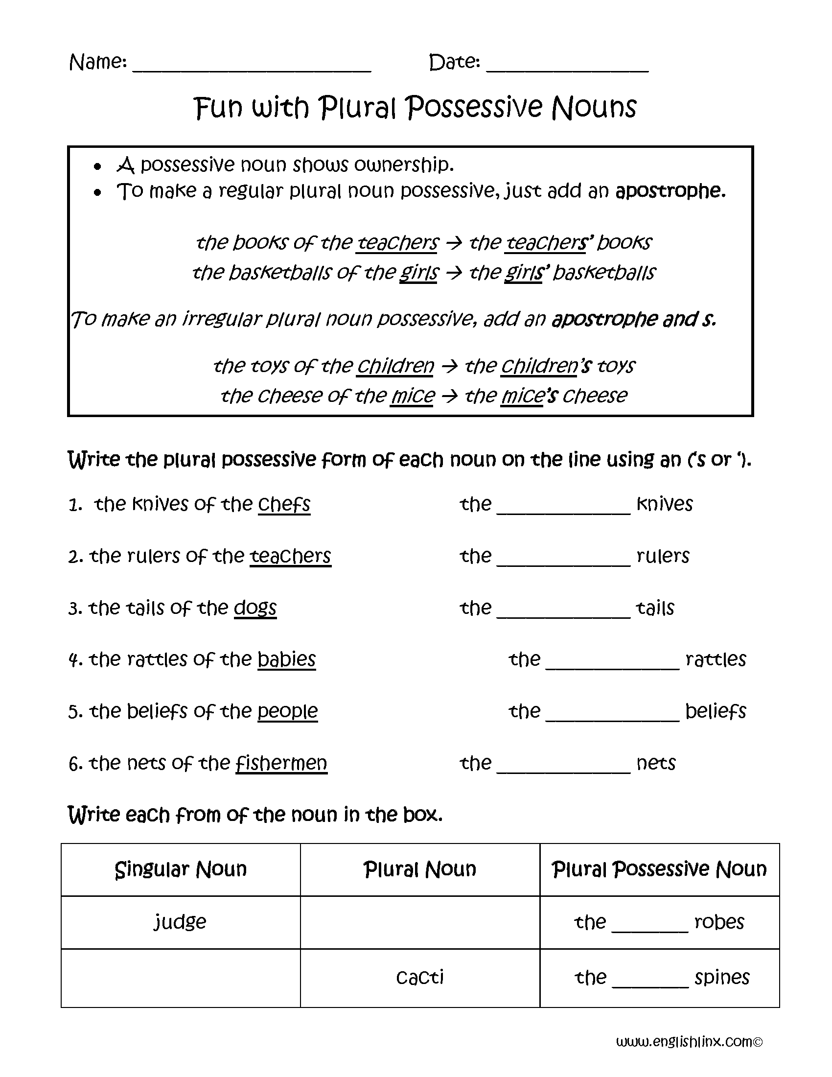plural possessive worksheet 4th grade
