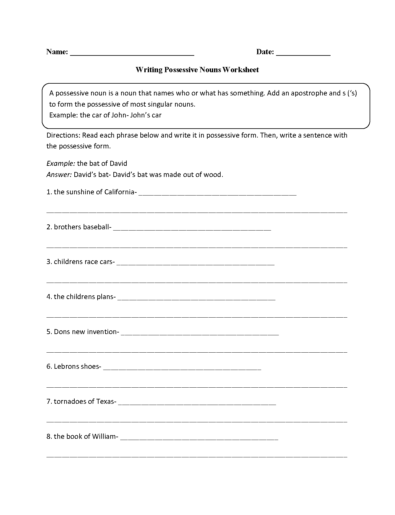 plural possessive worksheet 4th grade