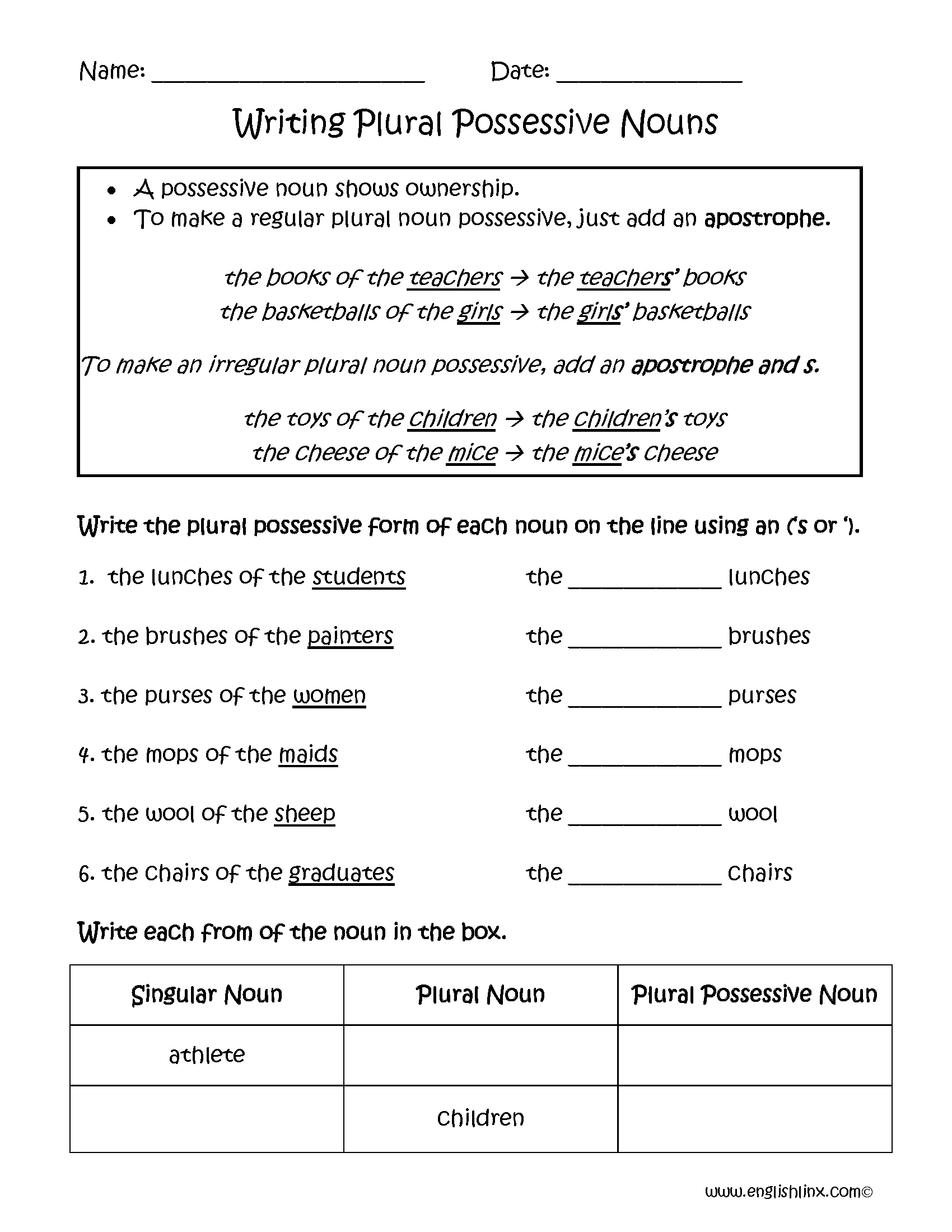 plural possessive worksheet