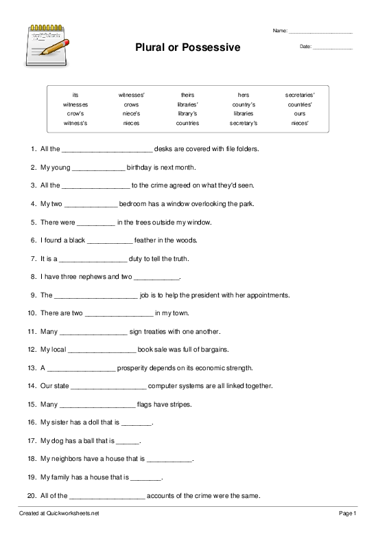 Plural or Possessive - Fill-in-the-Blank Sentences Worksheet ...