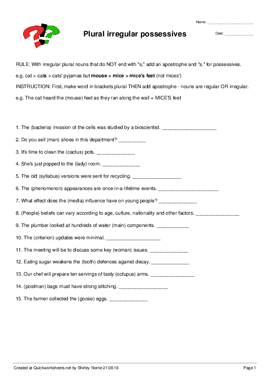 Plural V-s Plural Possessive Worksheet