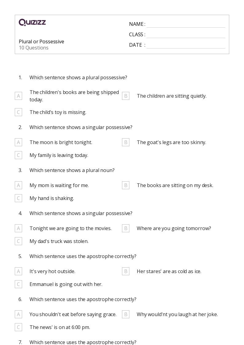 Plural And Possessive Nouns Worksheet