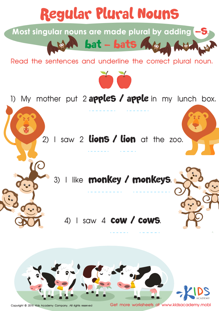 Regular Plural Nouns Worksheet: Free Printable PDF for Kids