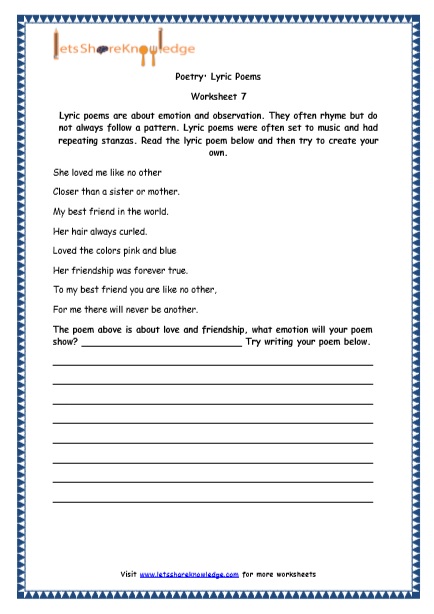 Grade 4 English Resources Printable Worksheets Topic: Poetry ...