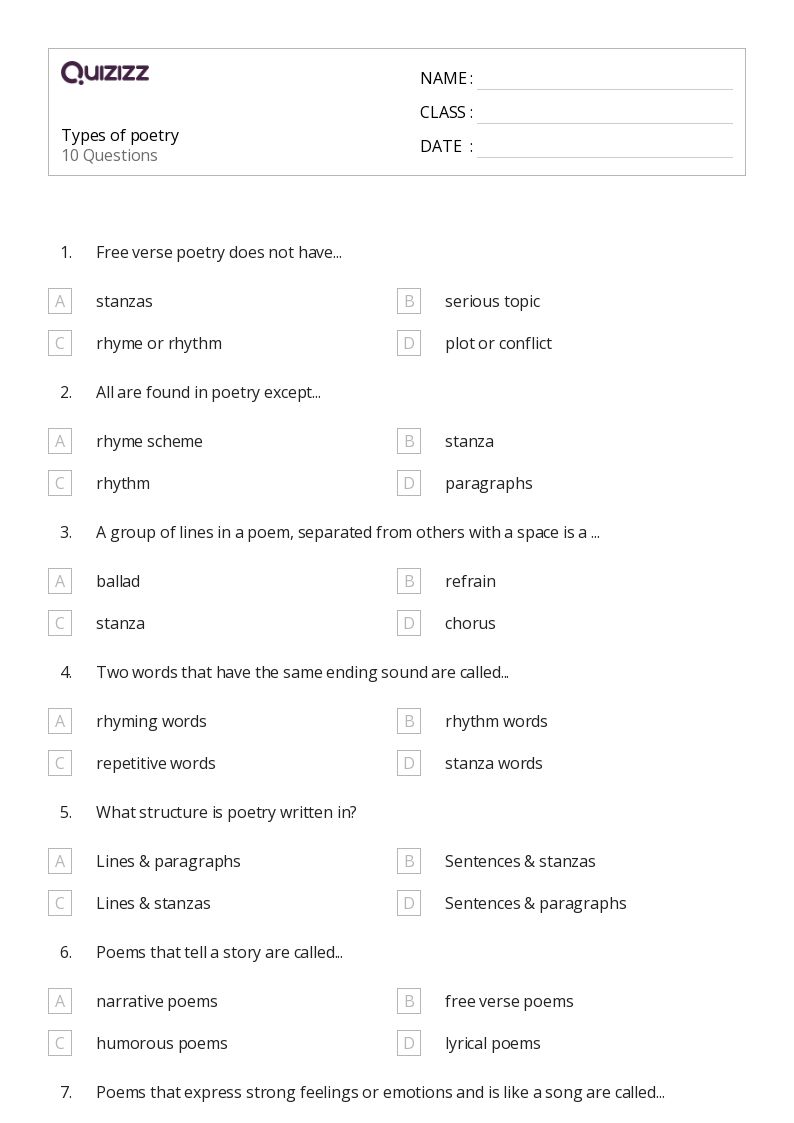 poem worksheet for 3rd grade