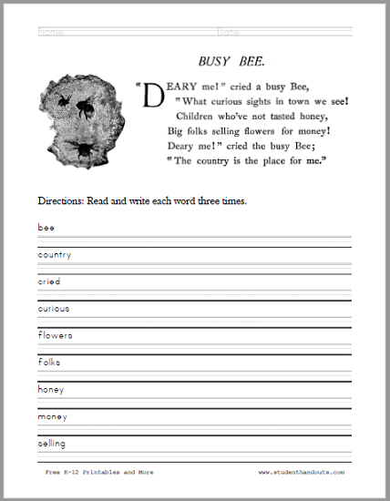 Busy Bee Poem Worksheet for Kids | Student Handouts