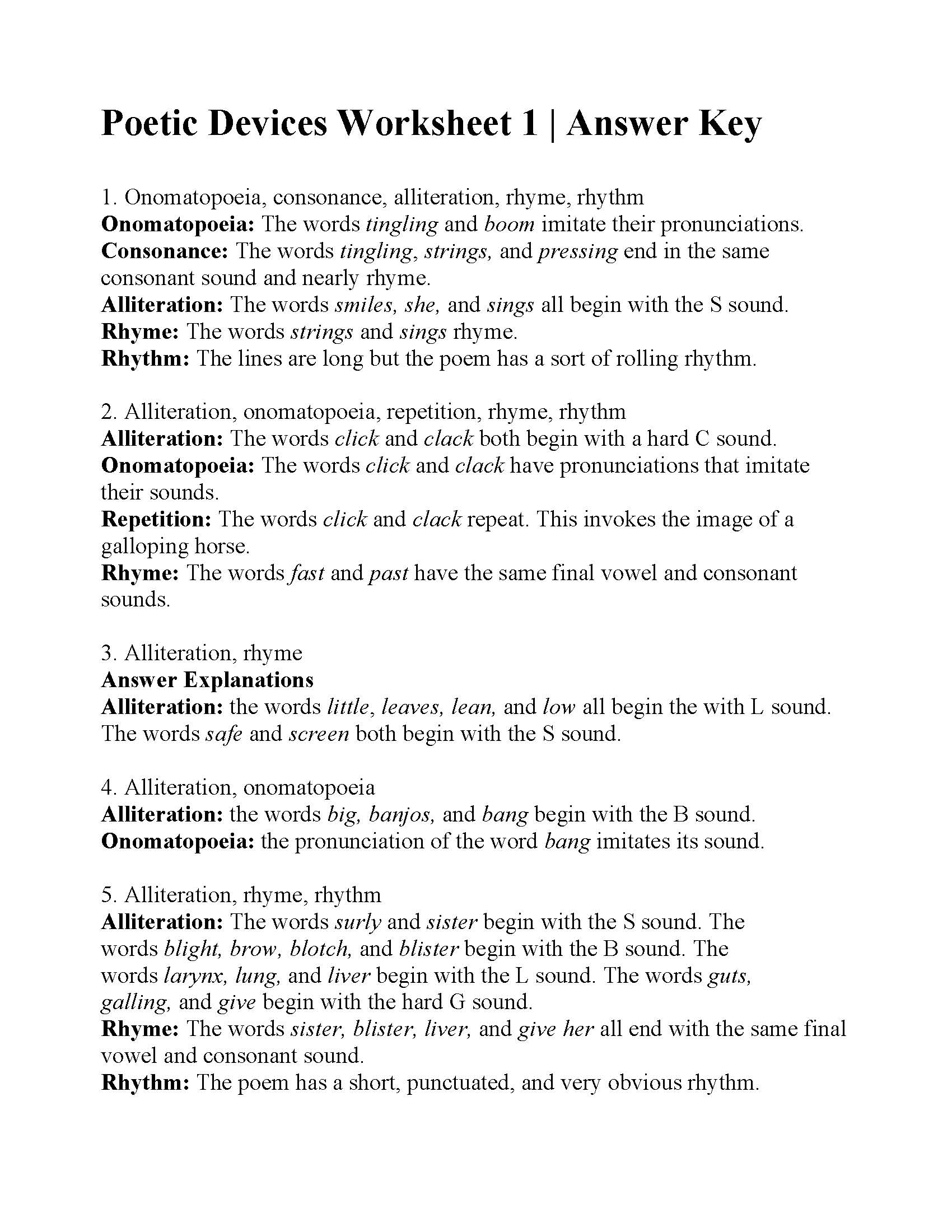 Poetic Devices Worksheet 1 | Reading Activity