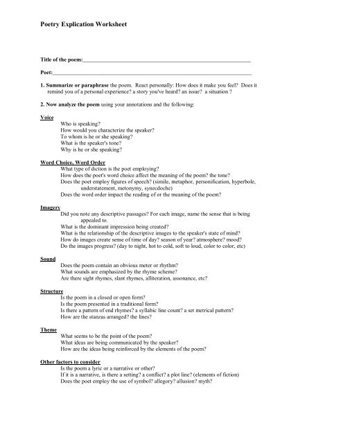Poetry Explication Worksheet