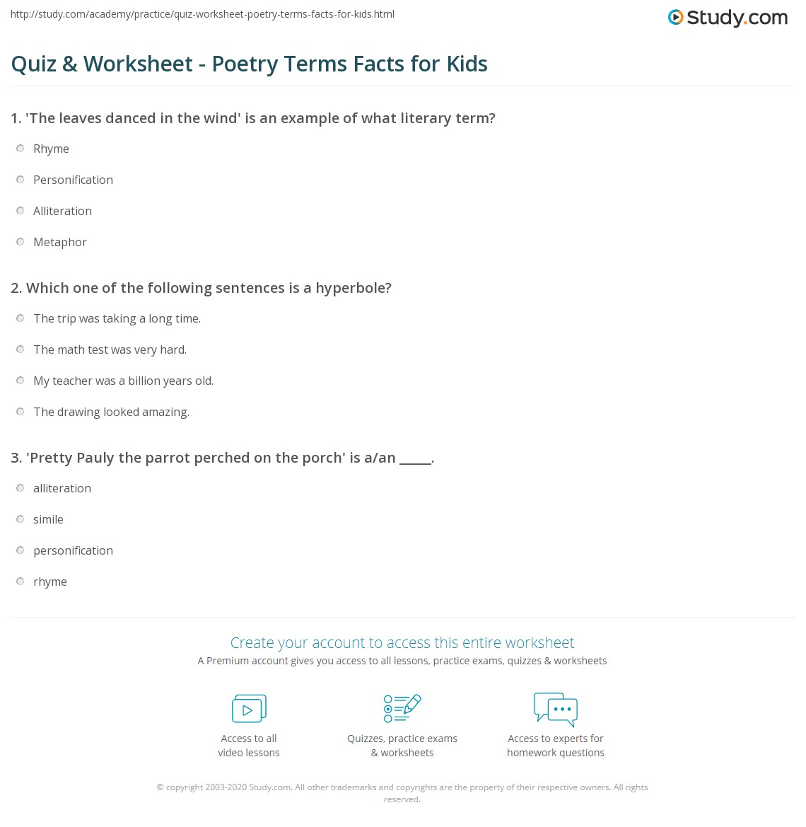 Quiz &  Worksheet - Poetry Terms Facts for Kids | Study.com